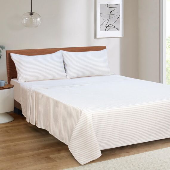 Mejoroom Gestreiftes Bettwäsche-Set für King-Size-Betten – weiche Mikrofaser-Bettlaken, Spannbettlaken mit tiefen Taschen, weich, atmungsaktiv, knitter- und lichtbeständig – 4-teilig (beige gestreift)