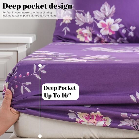 Bedlifes Bettwäscheset für King-Size-Betten, ultra-weich, bedruckt, Blumenmuster, tiefes Spannbetttuch, Kissenbezüge, 100 % Mikrofaser, 4-teilig, King-Size, Dunkelviolett mit Blumenmuster