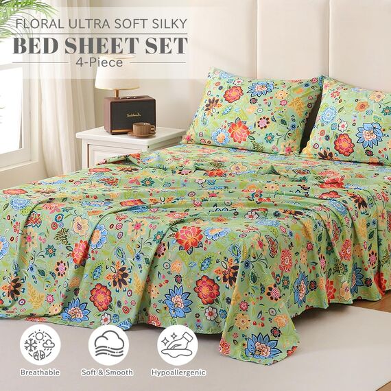 Bedlifes Queen-Bettwäsche-Set, ultraweich, atmungsaktiv, seidige Blumen, tiefe Taschen, 100 % Mikrofaser, 4-teiliges Queen-Size-Bett mit Blumenmuster, Salbeigrün