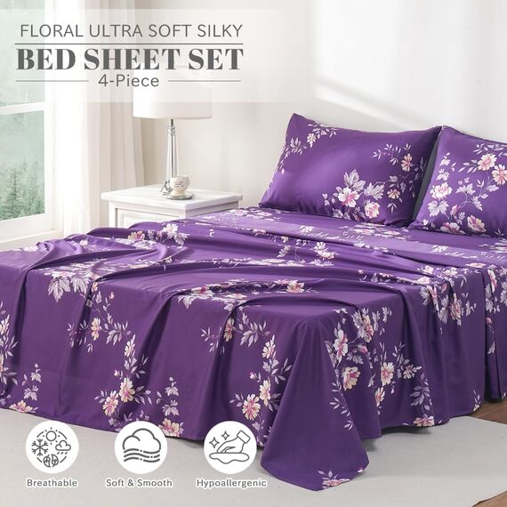 Bedlifes Bettwäscheset für King-Size-Betten, ultra-weich, bedruckt, Blumenmuster, tiefes Spannbetttuch, Kissenbezüge, 100 % Mikrofaser, 4-teilig, King-Size, Dunkelviolett mit Blumenmuster