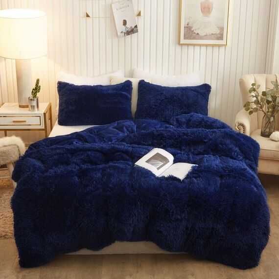 XeGe Luxuriöses, zotteliges Bettwäscheset, luxuriös, ultraweiches Kristall-Samt-Bettwäsche-Set, 3-teilig (1 Bettbezug aus Kunstfell + 2 Kissenbezüge Kunstfell), Reißverschluss (Queensize, Marineblau)