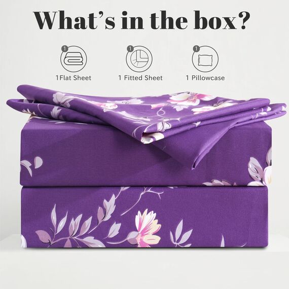 Bedlifes Bettwäsche-Set für Doppelbett, ultraweich, atmungsaktiv, seidige Blumen, tiefe Taschen, 100 % Mikrofaser, 3-teilig, Doppelbettgröße, Dunkelviolett mit Blumenmuster