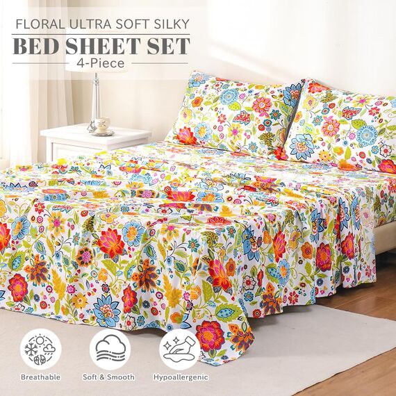 Bedlifes Queen-Bettwäsche-Set, ultraweich, atmungsaktiv, seidig, Blumenmuster, Tiefe Taschen, 100% Mikrofaser, 4-teilig, Queen-Size-Größe, Blumenmuster, Frühling