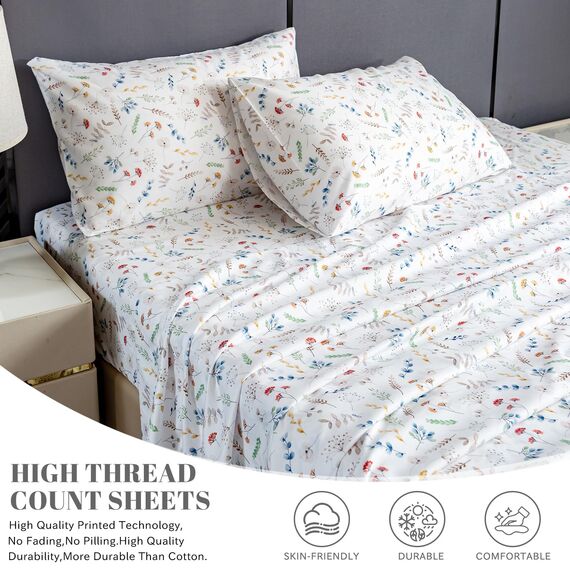 Bedlifes Bettlaken-Set für King-Size-Betten, ultraweich, atmungsaktiv, seidig, Blumenmuster, tiefe Taschen, 100 % Mikrofaser, 4-teilig, King-Size, weißes Blumenmuster