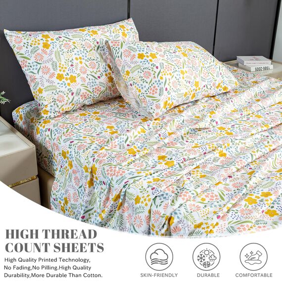 Bedlifes Bettwäsche-Set für Kingsize-Bett, ultraweich, atmungsaktiv, seidige Blumen, tiefe Taschen, 100 % Mikrofaser, 4-teilig, King-Size-Größe mit Blumenmuster