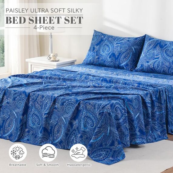 Bedlifes Bettwäsche-Set für Queensize-Betten, Paisleymuster, ultraweich, Gemustert, Bedruckt, Bettlaken, Spannbettlaken, Kissenbezüge, 100% Mikrofaser, 4-teilig, Queen-Size-Größe Dunkelblau