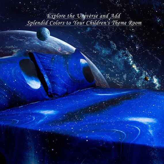 Bedlifes Galaxie-Bettwäsche-Set Bettbezug mit Weltraum-Motiv, 4-teilig, Bettlaken und Spannbettlaken mit 2 Kissenbezügen (Hellblau)