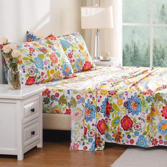 Bedlifes Queen-Bettwäsche-Set, ultraweich, atmungsaktiv, seidig, Blumenmuster, Tiefe Taschen, 100% Mikrofaser, 4-teilig, Queen-Size-Größe, Blumenmuster, Frühling