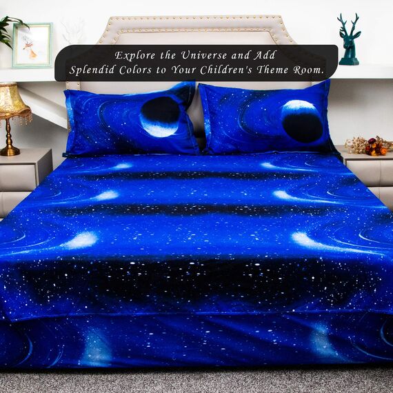 Bedlifes Galaxie-Bettwäsche-Set Bettbezug mit Weltraum-Motiv, 4-teilig, Bettlaken und Spannbettlaken mit 2 Kissenbezügen (Hellblau)