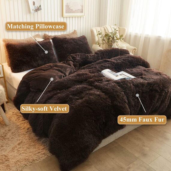 XeGe Plüsch-Bettbezug-Set, luxuriöses, ultraweiches Kristallsamt, flauschig, Reißverschluss (Doppelbett, Kaffee)