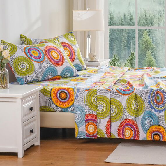Bedlifes Queen-Size-Bettlaken-Set, bedruckt, ultraweich, gemustert, tiefes Bettlaken, Spannbetttuch und Kissenbezüge, 100 % Mikrofaser, 4-teilig, Queen-Size-Bett, mehrfarbig, Mandala