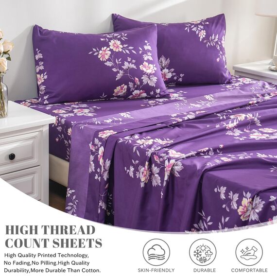 Bedlifes Queen-Bettwäsche-Set, ultraweich, atmungsaktiv, seidige Blumen, Tiefe Taschen, 100% Mikrofaser, 4-teilig, Queen-Size-Größe, Dunkelviolett mit Blumenmuster