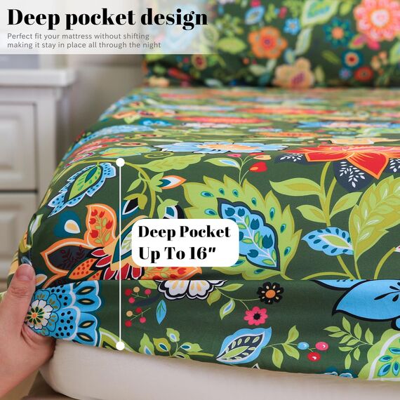 Bedlifes Bettwäsche-Set für Kingsize-Bett, ultraweich, atmungsaktiv, seidige Blumen, Tiefe Taschen, 100% Mikrofaser, 4-teilig, King-Size-Bett mit floralem Blumenmuster, Dunkelgrün