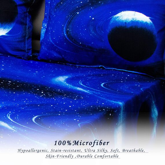 Bedlifes Galaxie-Bettwäsche-Set Bettbezug mit Weltraum-Motiv, 4-teilig, Bettlaken und Spannbettlaken mit 2 Kissenbezügen (Hellblau)