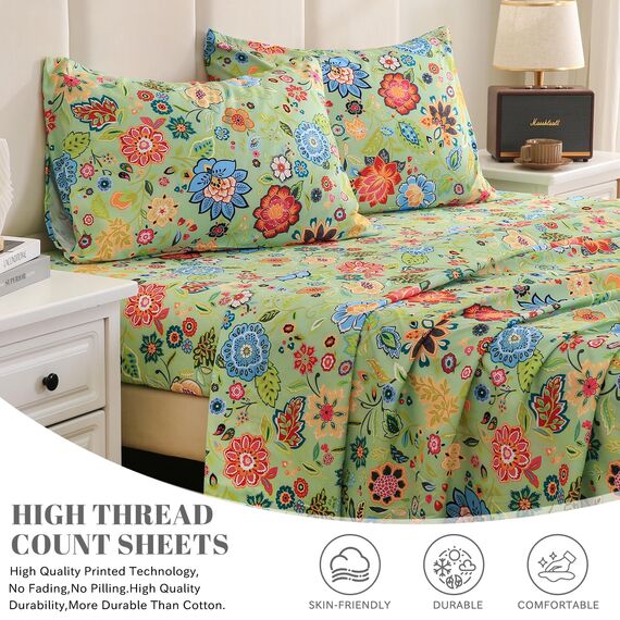 Bedlifes Bettwäsche-Set für Kingsize-Bett, ultraweich, atmungsaktiv, seidige Blumen, Tiefe Taschen, 100% Mikrofaser, 4-teilig, King-Size-Bett mit Blumenmuster, Salbeigrün