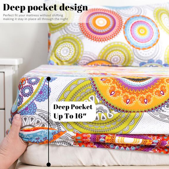 Bedlifes Queen-Size-Bettlaken-Set, bedruckt, ultraweich, gemustert, tiefes Bettlaken, Spannbetttuch und Kissenbezüge, 100 % Mikrofaser, 4-teilig, Queen-Size-Bett, mehrfarbig, Mandala