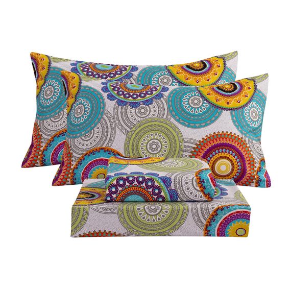 Bedlifes Queen-Size-Bettlaken-Set, bedruckt, ultraweich, gemustert, tiefes Bettlaken, Spannbetttuch und Kissenbezüge, 100 % Mikrofaser, 4-teilig, Queen-Size-Bett, mehrfarbig, Mandala