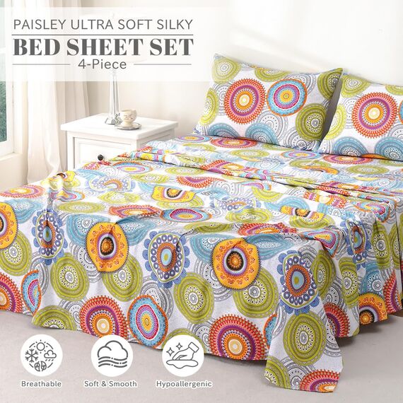 Bedlifes Bettwäsche-Set für King-Size-Betten, besonders weich, Gemustert, tiefes Bettlaken, Spannbettlaken, Kissenbezüge, 100% Mikrofaser, 4-teilig, King-Size-Bett, mehrfarbiges Mandala