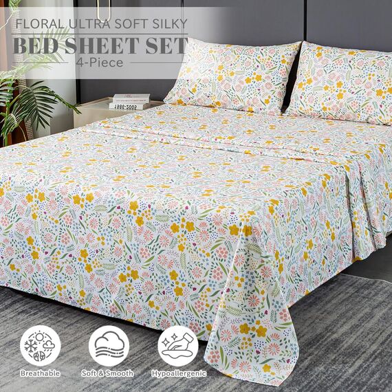Bedlifes Bettwäsche-Set für Kingsize-Bett, ultraweich, atmungsaktiv, seidige Blumen, tiefe Taschen, 100 % Mikrofaser, 4-teilig, King-Size-Größe mit Blumenmuster