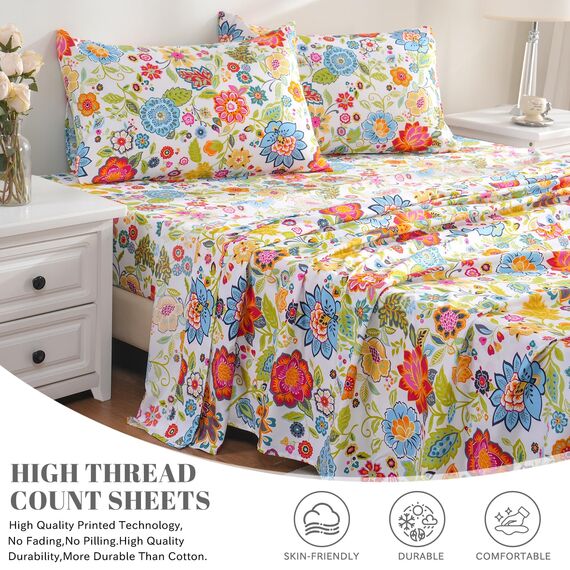 Bedlifes Bettwäsche-Set für King-Size-Bett, ultraweich, atmungsaktiv, seidige Blumen, Tiefe Taschen, 100% Mikrofaser, 4-teilig, King-Size-Bett mit floralem Frühlingsdesign