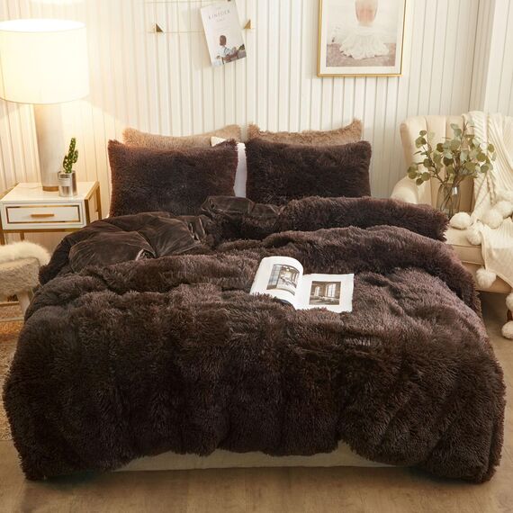 XeGe Plüsch-Bettbezug-Set, luxuriöses, ultraweiches Kristallsamt, flauschig, Reißverschluss (Doppelbett, Kaffee)