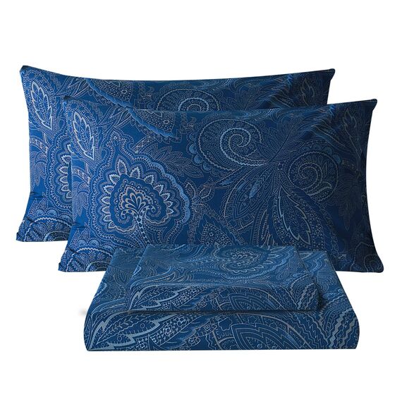 Bedlifes California King-Bettwäsche-Set, ultraweich, atmungsaktiv, seidige Blumen, tiefe Taschen, 100 % Mikrofaser, 4-teilig, Kali-King-Size-Bett, Paisleymuster, Dunkelblau