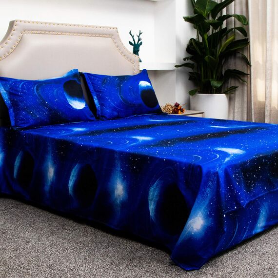 Bedlifes Galaxie-Weltraum-Bettwäsche-Set, Galaxie-Motiv, 3-teilig, inkl. Bettlaken, Spannbetttuch und 1 Kissenbezug (hellblaues Doppelbett)