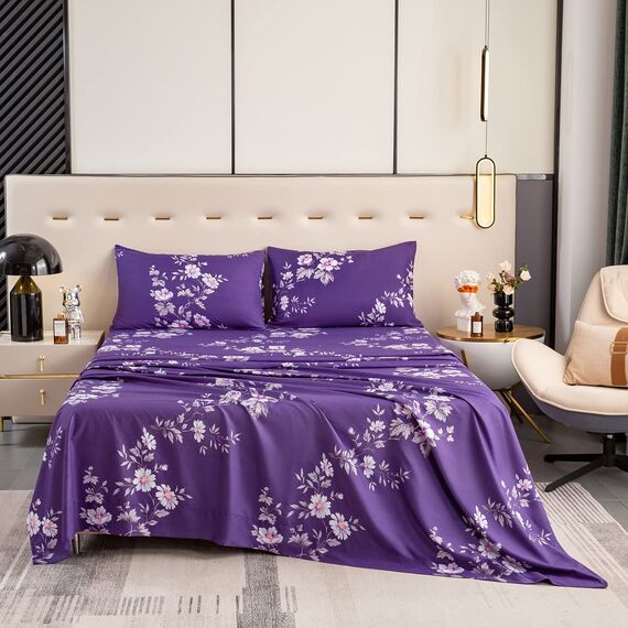 Bedlifes Bettwäsche-Set für Doppelbett, ultraweich, atmungsaktiv, seidige Blumen, tiefe Taschen, 100 % Mikrofaser, 3-teilig, Doppelbettgröße, Dunkelviolett mit Blumenmuster
