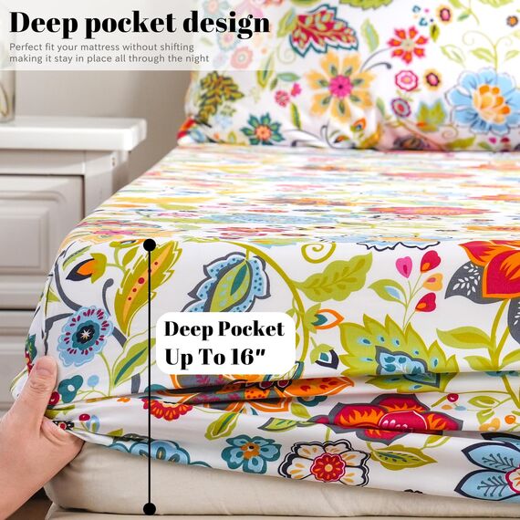 Bedlifes Bettwäsche-Set für Doppelbett, Blumenmuster, ultraweich, mit Blumenmuster, Bedruckt, tiefes Bettlaken, Spannbetttuch und Kissenbezug, 100% Mikrofaser, 3-teiliges Set