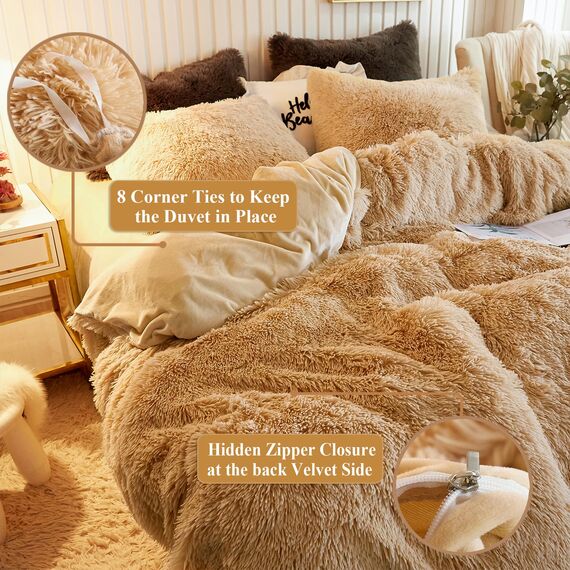 XeGe Zotteliges Bettwäscheset, luxuriös, ultraweich, Kristall-Samt, 3-teilig (1 Bettbezug aus Kunstfell + 2 Kissenbezüge aus Kunstfell), Reißverschluss (Queensize, Camel)