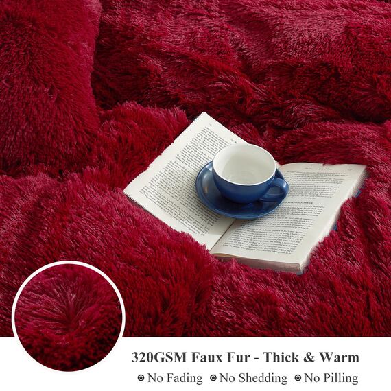 XeGe Plüsch-Bettwäsche-Set mit zotteligen Kissenbezügen aus weichem Kristallsamt, flauschig, 3-teilig (1 Kunstpelz, Reißverschluss (Queen-Size-Bett, rot)