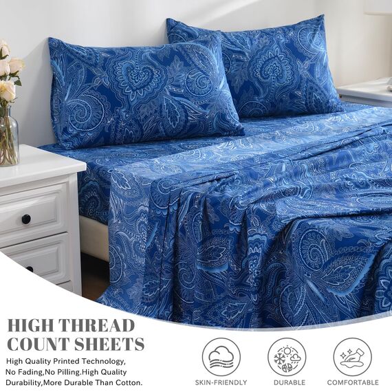 Bedlifes Bettwäsche-Set für King-Size-Bett, ultraweich, atmungsaktiv, seidige Blumen, Tiefe Taschen, 100% Mikrofaser, 4-teilig, King-Size, Paisleymuster, Dunkelblau