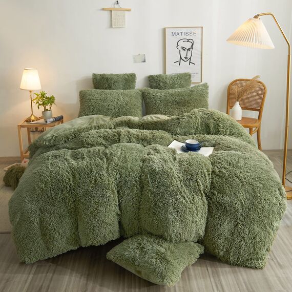 XeGe Plüsch-Bettwäsche-Set mit zotteligen Kissenbezügen aus weichem Kristallsamt, flauschig, 3-teilig (1 Kunstpelz, Reißverschluss (Queen-Size, Salbeigrün)