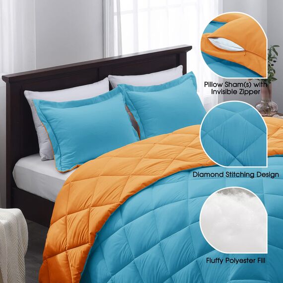 Basic Beyond Bettwäsche-Set für King-Size-Bett, wendbar, für alle Jahreszeiten, 1 Bettdecke (264,2 x 233,7 cm) und 2 Kissenbezüge (50,8 x 91,4 cm + 5 cm), Pfauenblau/Orange