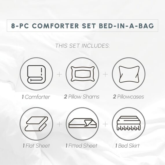 Elegant Comfort 8-teiliges Bettwäsche-Set mit Quetschfalten, Komplettbett in Einer Tasche, inklusive 4-teiligem Smart-Bettlaken-Set, Bettrock, Bettdecke, passenden Kissenbezügen und Kissenbezügen,