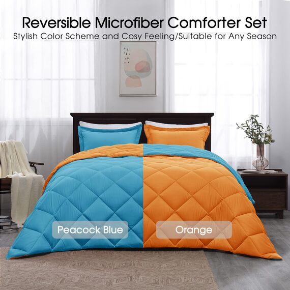 Basic Beyond Bettwäsche-Set für King-Size-Bett, wendbar, für alle Jahreszeiten, 1 Bettdecke (264,2 x 233,7 cm) und 2 Kissenbezüge (50,8 x 91,4 cm + 5 cm), Pfauenblau/Orange