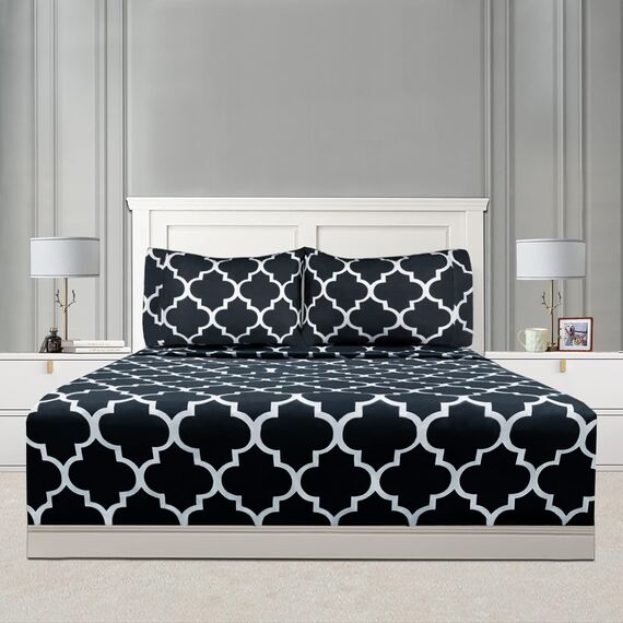 Mejoroom Queen-Bettwäsche-Set, superweiche, gebürstete Mikrofaser, Fadenzahl 1800, Queen-Size-Bettlaken mit 40,6 cm tiefer Tasche, knitterfrei, 4-teilig (Queen, schwarzes Vierpass-Design mit weißem