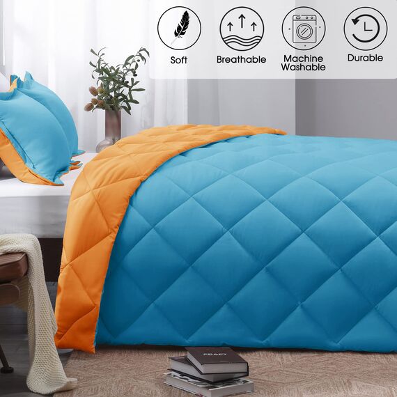 Basic Beyond Bettwäsche-Set für King-Size-Bett, wendbar, für alle Jahreszeiten, 1 Bettdecke (264,2 x 233,7 cm) und 2 Kissenbezüge (50,8 x 91,4 cm + 5 cm), Pfauenblau/Orange