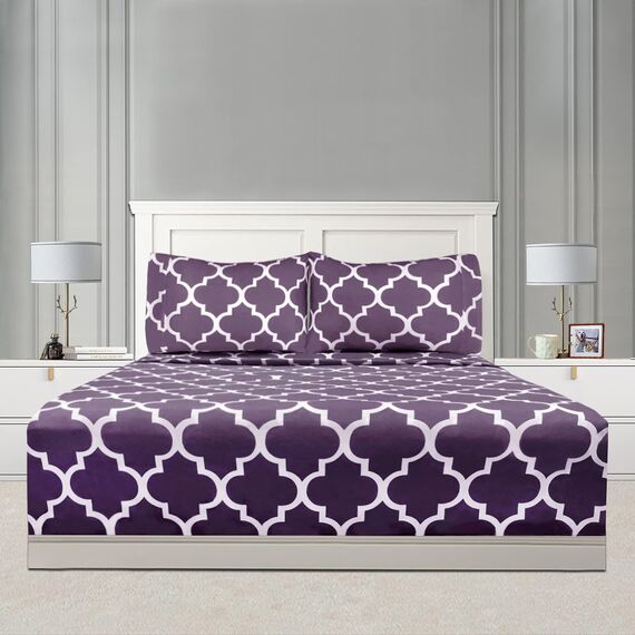 Mejoroom Queen-Bettwäsche-Set, superweiche, gebürstete Mikrofaser, Fadenzahl 1800, Queen-Size-Bettlaken mit 40,6 cm tiefer Tasche, knitterfrei, 4-teilig (Queen, violettes Vierpass-Design mit weißem