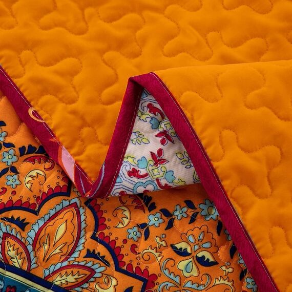 Boho-Steppdecken-Set, Doppelbettgröße, orange und blau, böhmische gestreifte Steppdecken-Sets, 3-teilig, weiche Mikrofaser, leicht, Tagesdecke, Bettwäsche-Set für alle Jahreszeiten (172,7 x 218,4 cm)