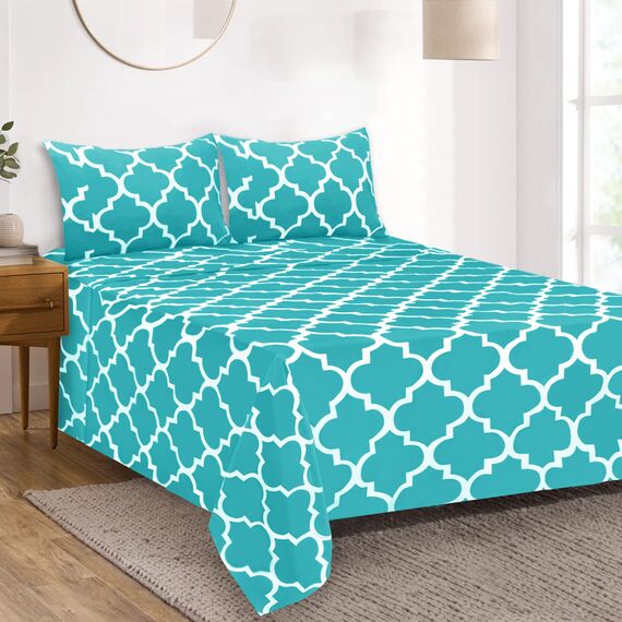 Mejoroom Bettwäsche-Set für King-Size-Betten, superweiche, gebürstete Mikrofaser, Fadenzahl 1800, 4-teiliges Set (Kingsize-Bett, Aqua Vierfoil mit weißem Muster)