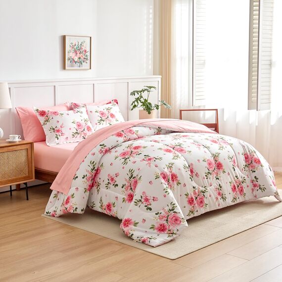 Bettwäsche-Set mit Blumenmuster, Weiß, 7-teilig, Queen-Size-Größe, Dunkelrosa, florales Mikrofaser-Bettwäsche-Set (1 Steppdecke, 2 Kissenbezüge, 1 rosa Bettlaken, 1 Spannbetttuch, 2 Kissenbezüge)