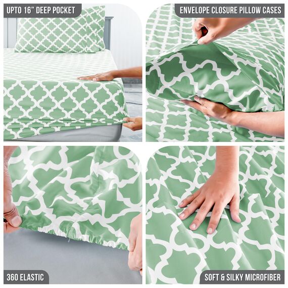 LUX Décor Quatrefoil Bettwäsche-Set für Doppelbett, 3-teilig, weiche Mikrofaser, knitterfrei, Bedruckte Bettlaken mit Bettlaken, Spannbetttuch mit tiefen Taschen und Kissenbezug, Oeko-TEX, Salbeigrün