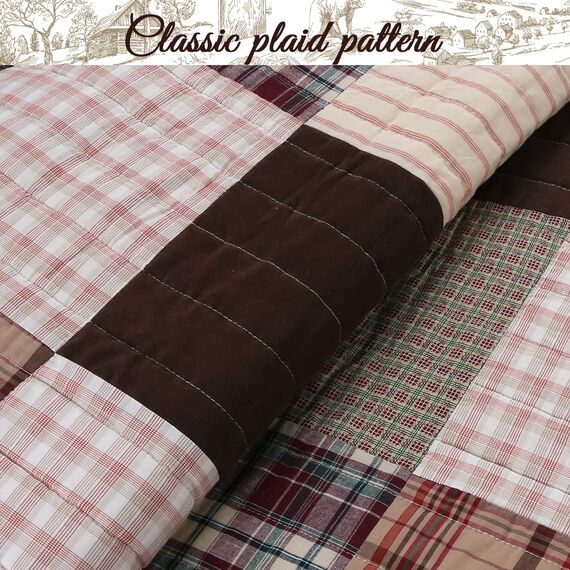 Cozy Line Home Fashions Brody Quilt-Bettwäsche-Set, Schokoladenbraun, kariert, gestreift, echtes Patchwork, wendbar, Tagesdecken-Set (braunes Gitter, Queen-Size-Bett, 3-teilig)