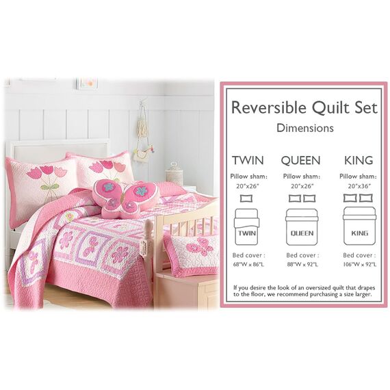 Cozy Line Home Fashions Pink Tulip Butterfly Floral 100% Cotton Reversible Quilt Bedding Set for Kids, Girls, Coverlet, Bedspreads (Twin - 4 Piece: 1 Quilt + 1 Standard Sham + 2 Decorative Pillows)