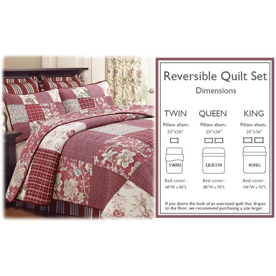 Cozy Line Home Fashions Bettwäsche-Set aus 100 % Baumwolle, wendbar, rote Rose, kariert, Blumenmuster, Tagesdecke (Vintage Garden, Kingsize, 3-teilig)