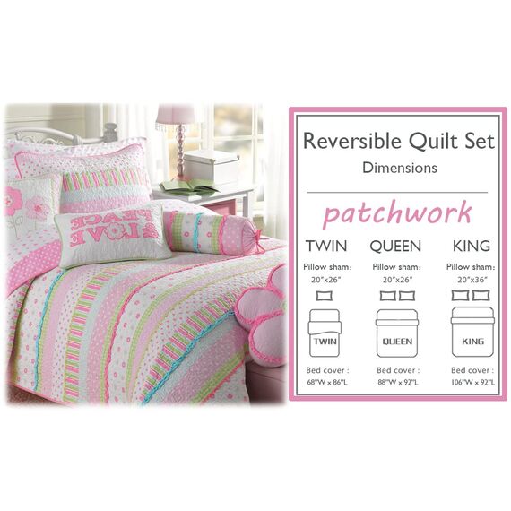 NANQUAN Pink Polka Dot Peace & Love 100% Cotton Reversible Quilt Bedding Set for Kids Girls, Coverlet, Bedspread (Flower Pastel, Twin - 5 Piece: 1 Quilt + 1 Standard Sham + 3 Decorative Pillows)