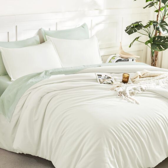 Litanika Elfenbeinfarbenes Bettdecken-Set für Queen-Size-Bett, 3-teilig, leicht, einfarbig, für alle Jahreszeiten, flauschiges Bettwäsche-Set (228 x 228 cm Bettdecke und 2 Kissenbezüge)