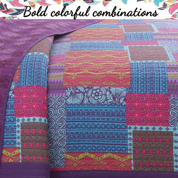 Cozy Line Home Fashions 100% Baumwolle Artsy Bohemian Purple Blueberry Fuchsia Patchwork Reversible Quilt Bedding Set, Coverlet Tagesdecke für alle Jahreszeiten (Boho Chic, Queen - 3-teilig)