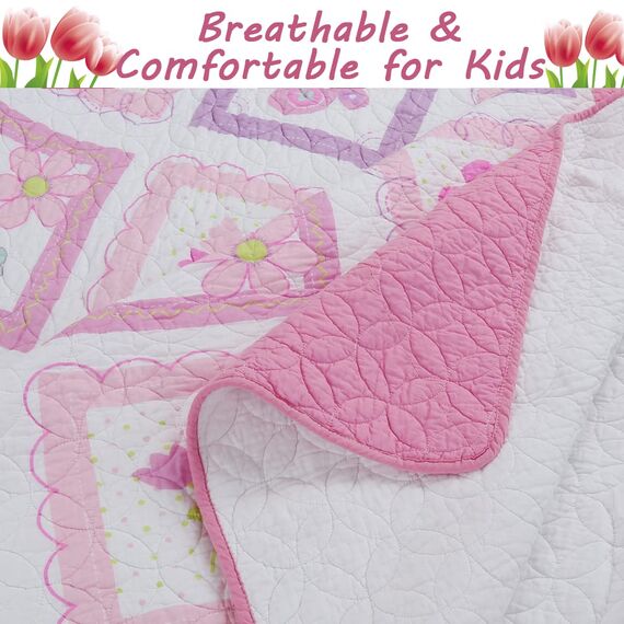 Cozy Line Home Fashions Pink Tulip Butterfly Floral 100% Cotton Reversible Quilt Bedding Set for Kids, Girls, Coverlet, Bedspreads (Twin - 4 Piece: 1 Quilt + 1 Standard Sham + 2 Decorative Pillows)